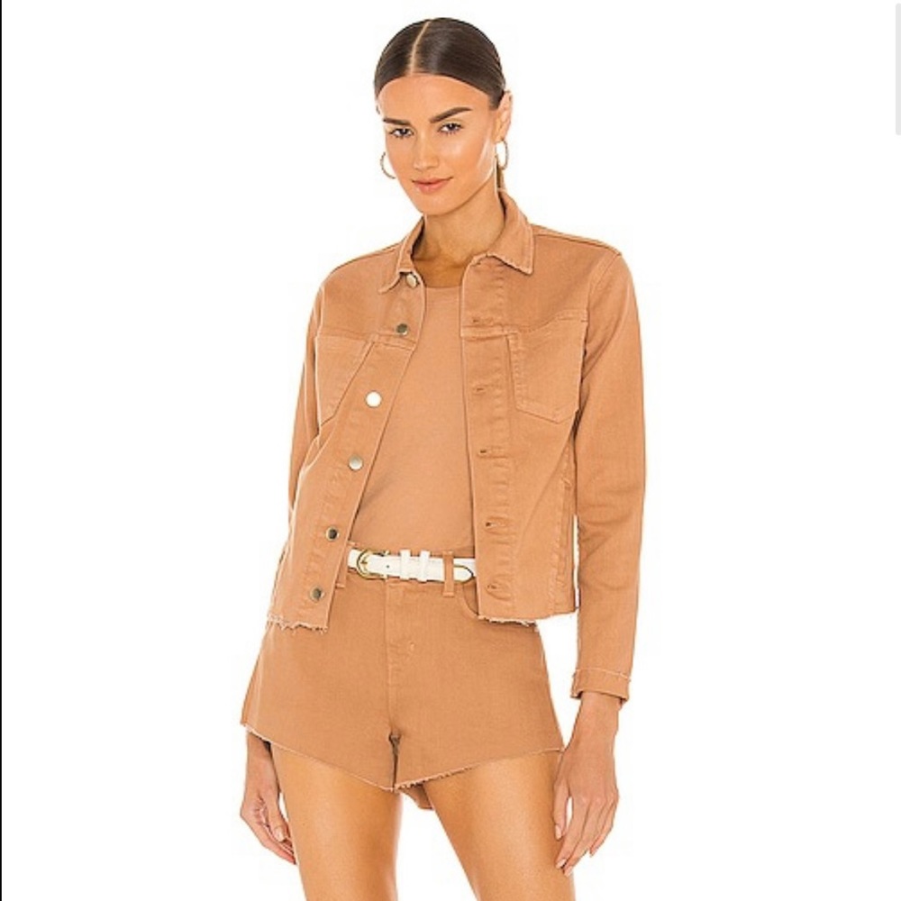 NWT Small L'AGENCE Janelle Raw Hem Denim Jacket Dark Camel